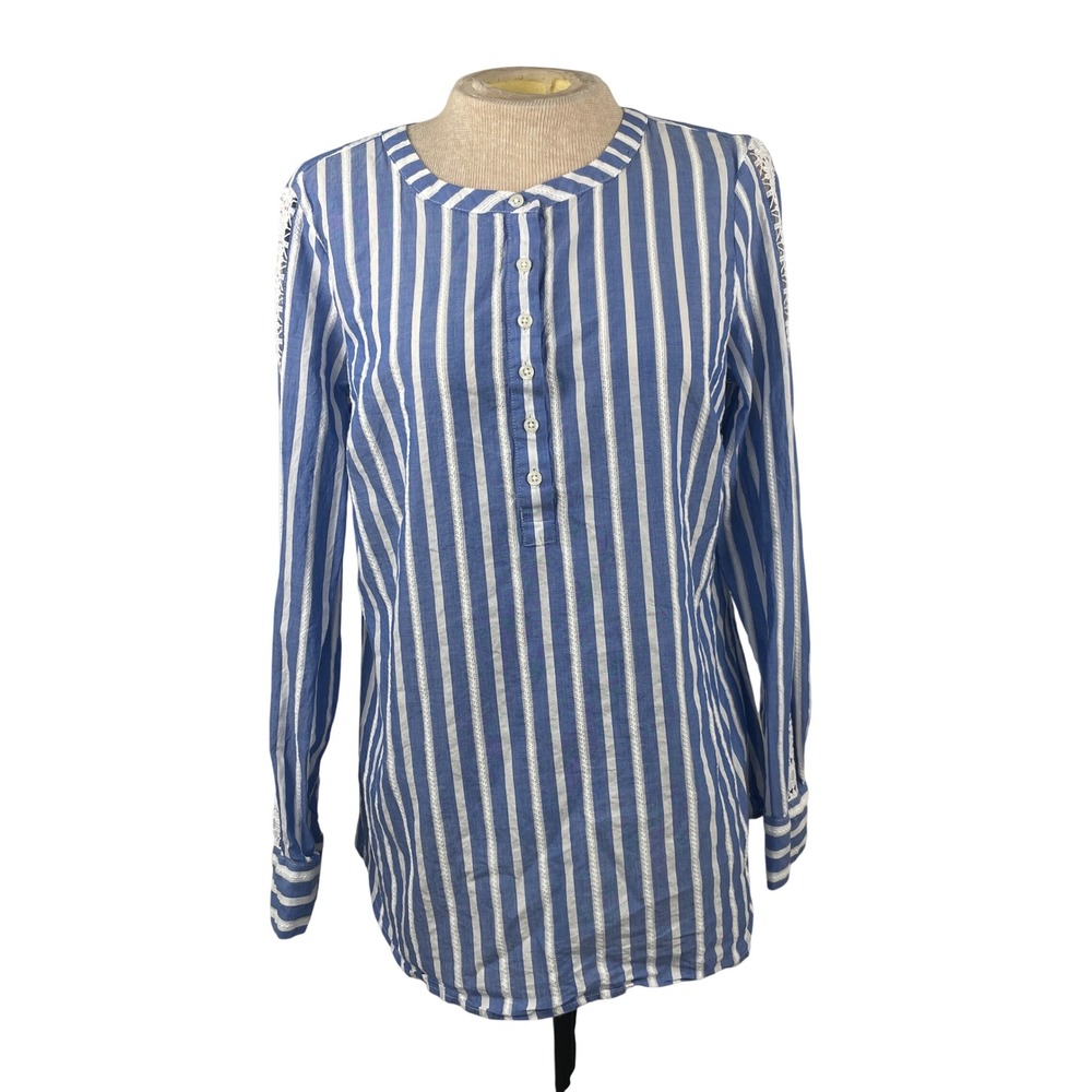 Talbots Womens Medium Blue White Striped Lace Sleeve Cotton Henley Blouse